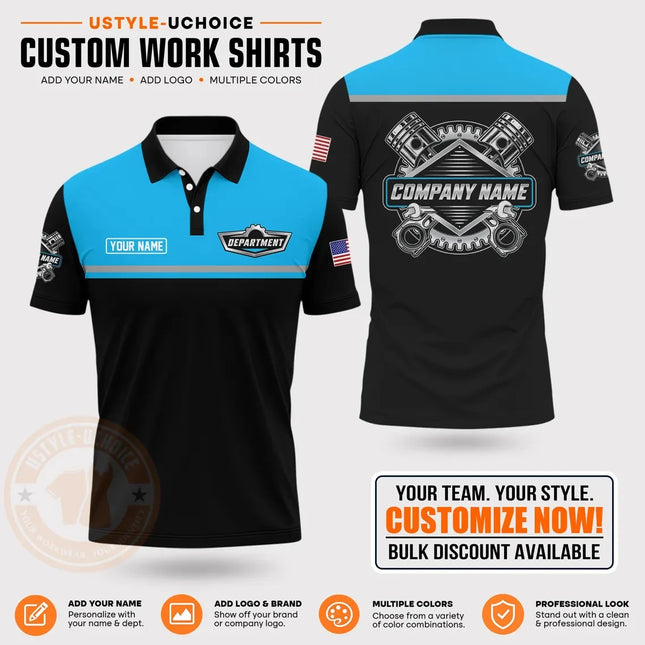 Custom Mechanic Work Pattern Polo Shirt Personalized Name Logo Uniform With Piston Print For Men Women Casual Quick Drying Tees