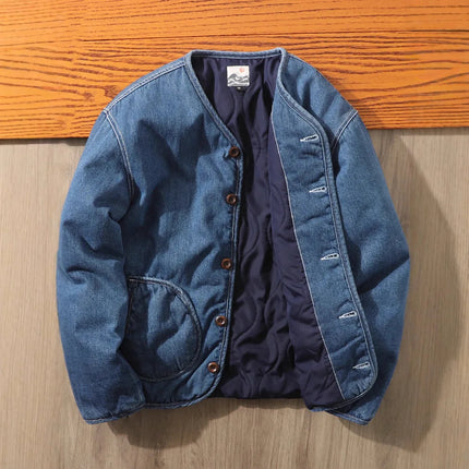 2025 Man Denim Jacket Autumn Winter Fashion V-neck Long Sleeve Male Cargo Coat Single-breasted Pocket Versatile Men Outerwear
