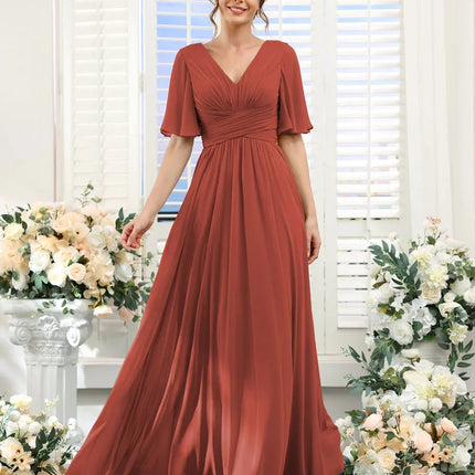 A Line Chiffon Bridesmaid Dresses Short Sleeve V Neck Slit Pleat Elegant Wedding Party Formal Prom Evening Zipper Back