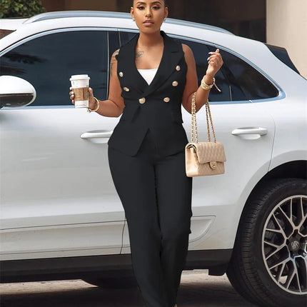 Business Work Wear Two Piece Pant Suits for Women Sets Elegant Sleeveless Blazer Top and Pencil Pants Office Lady Matching Sets