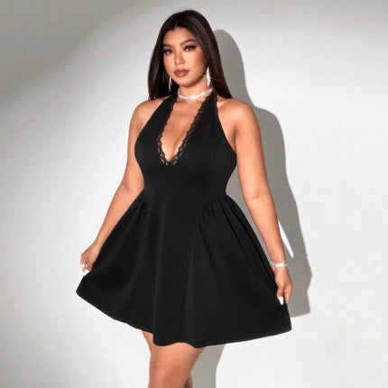 Plus Size Women Halter Black Mini Dress Lace Deep V Neck Sleeveless A Line Flare Club Party Short Dress