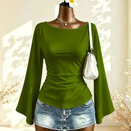 Boat Neck Flare Long Sleeve Side Ruched Fitted Casual Blouse Slim Fit Basic Top