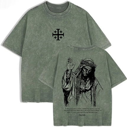 2026 Jesus With Crown of Thorns T Shirt Vintage Washed Grey Graphic Tee Unisex Casual Religious Top