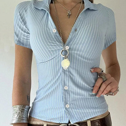 Sweetown Blue Stripe Short Sleeve Shirts For Women Button Up Turn Down Collar Slim Simple Casual Preppy Tops Basic Summer Tees
