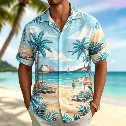 Men's Neon Sunset Palm Print Short Sleeved Shirt, Hawaiian Beach Scenery Casual and Comfortable Shirt