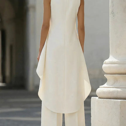 Womens Matching Sets 2026 Summer Fashion Sleeveslee Ensemble 2 Piece Woman Elegant Irregular Design Straight Pants Simple Style