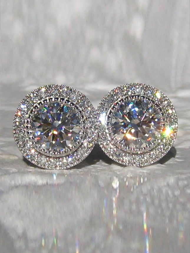 1pair Bridal Korean Style Earrings With Sparkling Round Stone & Full Drill Design, Elegant & Delicate