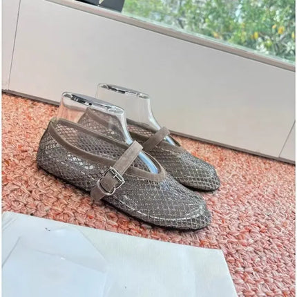 Hollow Mesh Rhinestone Ballet Shoes For Women, Flat Bottomed Mary Jane Single Shoes, Straight Strap Fishing Net Shoes