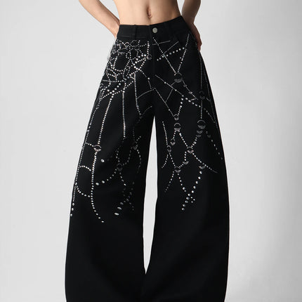 American Street Fashion Spider Web Rhinestone Fashion Pants, Versatile Slim-Fitting Wide-Leg Black Jeans For Women