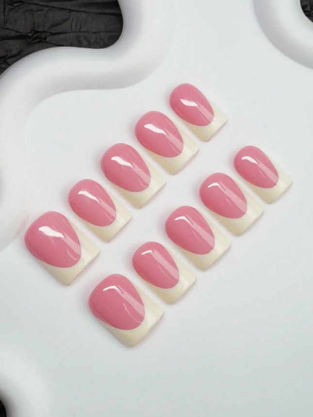 10 puntas de uñas cuadradas Y2K hechas a mano, color nude y beige con diseño de punta francesa, adecuadas para mujeres y niñas, adecuadas para fiestas,