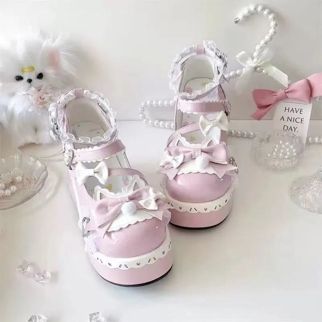 Lovely Girls Lolita Sweet Bowknots Platform Shoes Kawaii Alice Lace Flat Elevator Shoes Mary Janes