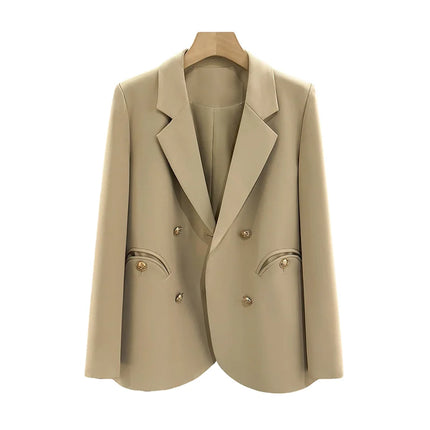 Women Khaki Blazer Jacket Oversized Chic British Style Slim Fit Elegant Office Casual Fashion Suit Coat Autumn Spring