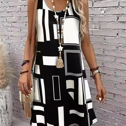 2025 New Fashion Women's Dress Casual Beach Round Neck Sleeveless Loose Dress Summer Women's Vest Striped Print Dress Sundress