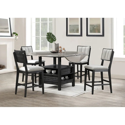 5pc Farmhouse Dining Set with Round Table, Black Gray Natural Grain, Integrated Turntable, Drop Leaves, Built-in Shelving, Fabric Upholstered Chairs