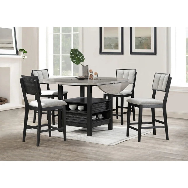 5pc Farmhouse Dining Set with Round Table, Black Gray Natural Grain, Integrated Turntable, Drop Leaves