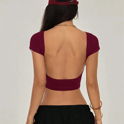 Sexy Backless Short Sleeve T Shirt Women Summer Grunge Y2K Clothes High Street Style Plain Black Crop Tee Top Streetwear 2024
