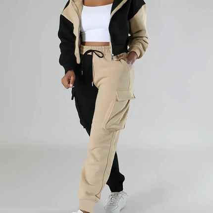 Women Loose Autumn Winter Two Pieces Suit Matching Sets Hoodie Tracksuit Blocked Zipper Short Outerwear Drawstring Cargo Pants