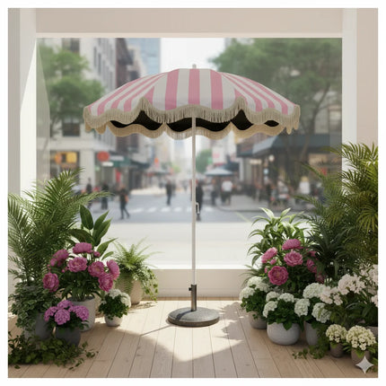 UPF50+ Black Sun Protection Umbrella with Pink-White Stripes And Fringe Portable Outdoor Beach Courtyard Umbrella without Base
