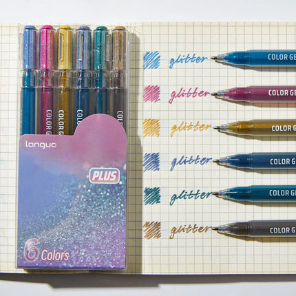 6 Glittering Journal Pens - Vibrant Colors, Perfect for Journaling, Marking, Drawing, Coloring, Writing Greeting Cards, and Holi