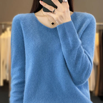 Fashion100% Merino Wool Sweater Cashmere  Pullover Women Knitwear V-Neck Long Sleeve  Autumn Winter Fashion Basic Clothing  Tops