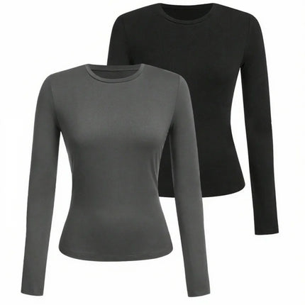 Solid-color long-sleeved T-shirt - Polyester knitted fabric, round neck, regular fit, fall-winter style