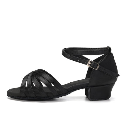 Black satin dance shoe with a diagonal ankle strap