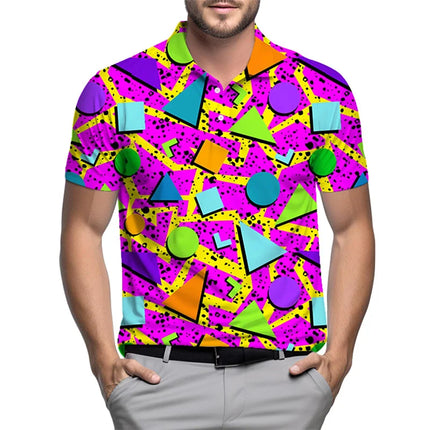 Retro 80s 90s Pattern Men's Golf Polo Shirt Summer 3d Printing Lapel Shirt Street Loose Short Sleeve Tops Button Tee Shirts