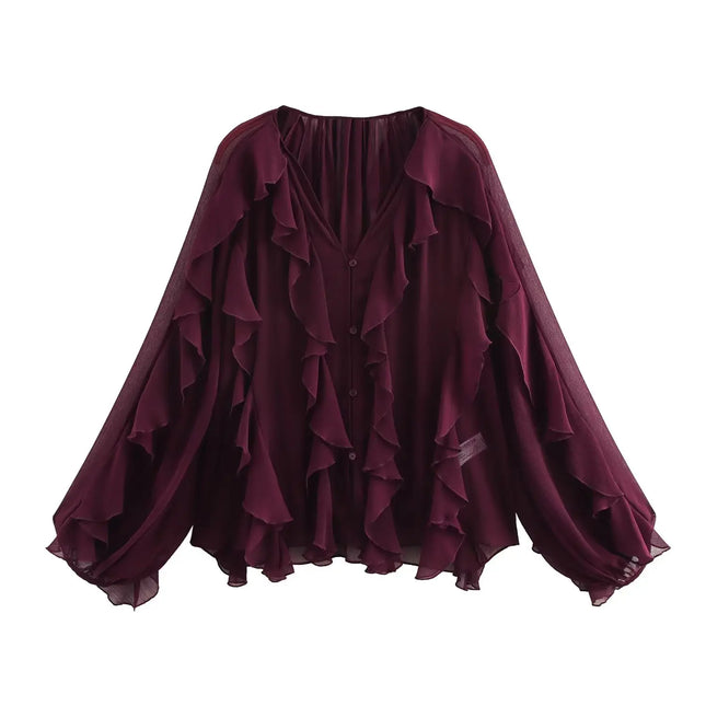 2026 Neue Sommer Damen Elegante Lockere Langarm Chiffon-Lagenbluse Damen Vintage V-Ausschnitt Transparente Gestufte Rüschenblusen