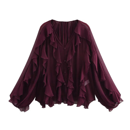 2026 New Summer Women's Elegant Loose Long Sleeve Chiffon Layered Shirts Lady Vintage V-neck Translucent Tierred Ruffles Blouses