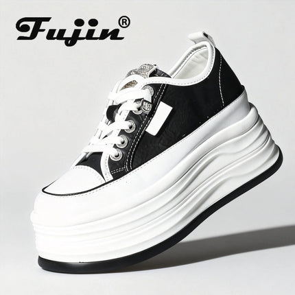 Fujin Casual Shoes For Woman Shoes on Platform Heel Shoes 9 cm 3 inch  White Comfortable High Heel Hidden Chunky Wedge Sneakers