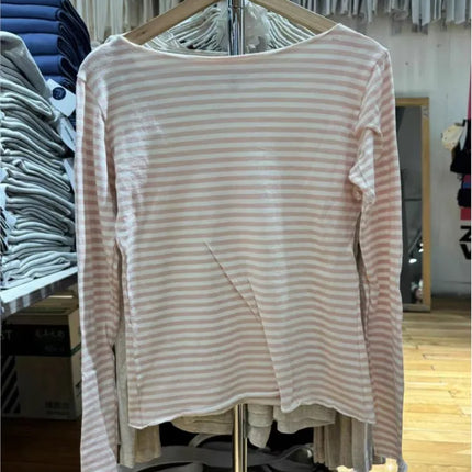 Sweet Pink Striped Long Sleeve T-shirt Women New Spring Cotton Raw Hem Slash Neck Slim Tee Tops Cute Preppy Style T shirt Y2K