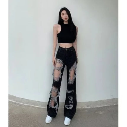 Women Summer Ripped Distressed Jeans Denim Straight Wide LegFloor LengthPants Trousers Long Loose Bottoms Girl Lady FemaleCasual