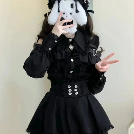 Japanese Cute Slim Women Party Dress Ruffled Lace Chic Bow Long Sleeve Kawaii Sweet Style Set Lightweight Trendy Female Design