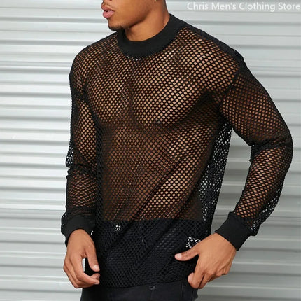 Casual Transparent Mesh Long Sleeve Shirt New Sexy Perspective Men Long Sleeve V-neck T-shirt Top Bar Club Hollow Mesh Men's Top