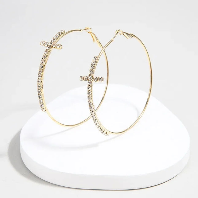 Shiny Big Circel Cross Hoop Earrings for Women Exquisite Rhinestones Ear Buckles Earrings High-end - product image 7