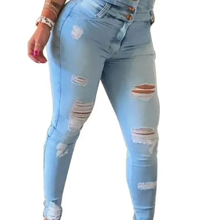 Autumn New Broken Holes High Waist Jeans Women Fashion Casual Denim Trousers Female Button Splicing Slim Fit Skinny Pencil Pants
