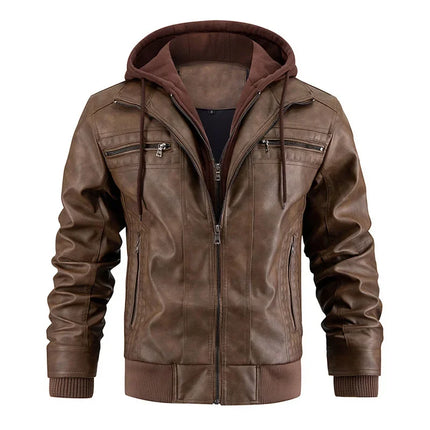Men's PU Leather Jacket Hooded Motorcycle Slim Fit Casual Coats Men Autumn Winter Windproof Hat Detachable Biker Leather Outwear