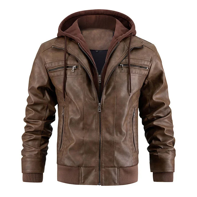 Chaqueta de cuero PU para hombre, con capucha, de motociclista, corte entallado, casual, para hombre, otoño invierno, cortavientos, sombrero desmontable, ropa exterior de cuero para motociclista