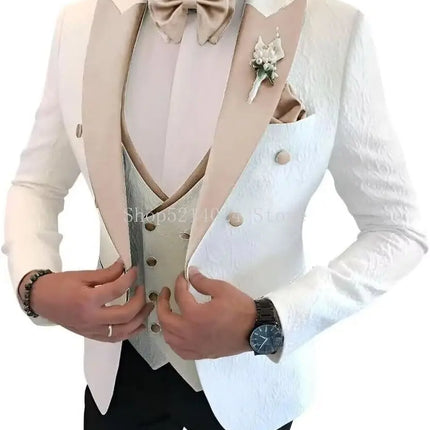 Floral Jacquard 3 Piece Suits for Wedding Slim Fit One Button Tuxedos Blazer Double Breasted Vest Pants