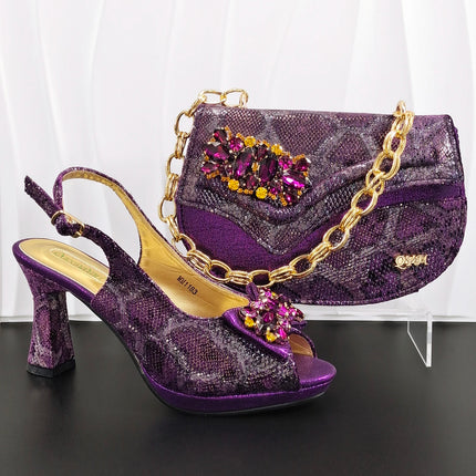 INS Purple Rhinestone-Embellished and Colorful Striped Design Party Wedding Peep Toe Bigger Size Ladies High Heels and Bag Set