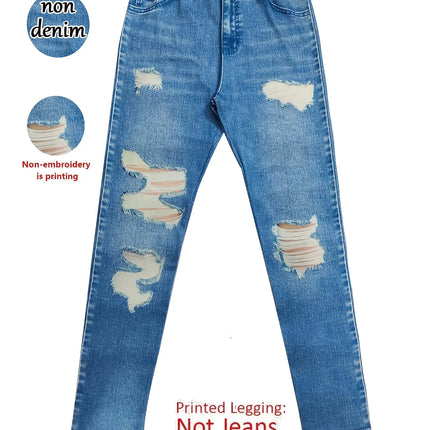 Fashion Women's Faux Denim Printed Skinny Pants, High-Elastic Seamless Leggings with Fake Pockets, Full-Length Sports Leggings
