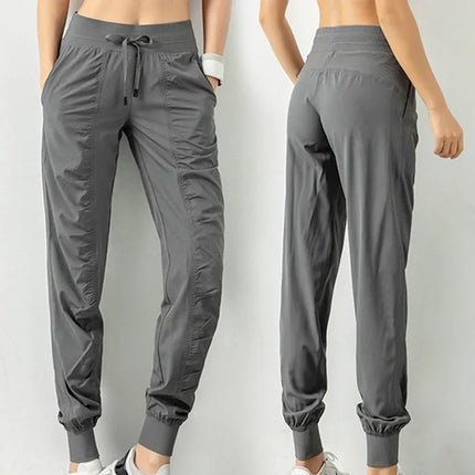 Sweatpants Fabric Drawstring Running Sport Joggers Women Quick Dry Athletic Gym Fitness with Two Side Pockets Exercise Pants