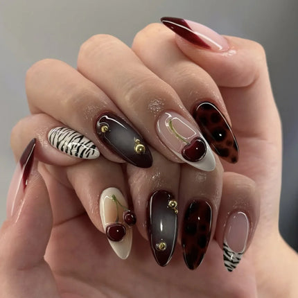 24Pcs Mid-length Gilded Almond Nails Set Press on 3D Flower Gradient Pink Full Cover False Nails Tips Pearl Reusable Fake Nails