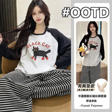 2Pcs Spring Autumn Clothing Sets Sleepwear Pajamas Set Cotton Cartoon Pyjamas Y2K Aesthetic Fashion Fit Loungewear