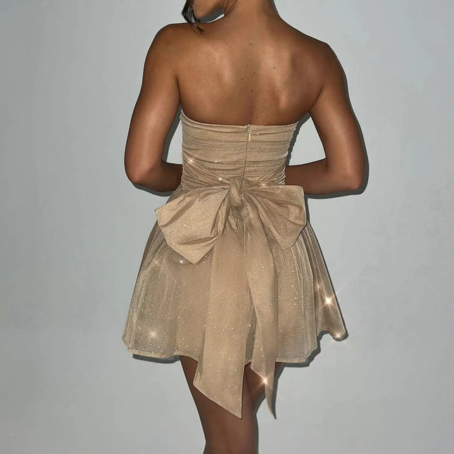 Elegantes trägerloses, sexy Minikleid für Damen, schulterfrei, glitzernde Pailletten, Club-Partykleid, schmales, rückenfreies Kleid mit Schleife und Falten, kurze Kleider