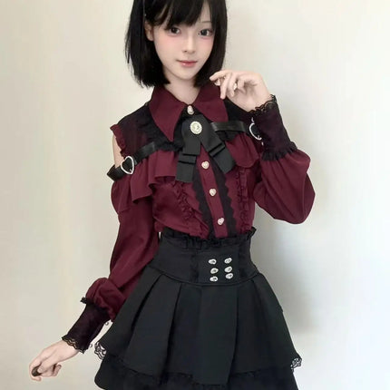 Japanese Cute Slim Women Party Dress Ruffled Lace Chic Bow Long Sleeve Kawaii Sweet Style Set Lightweight Trendy Female Design