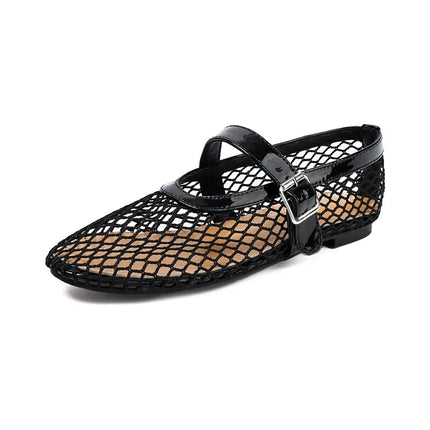 LeShion Of Chanmeb Brand Mesh Net Ballet Flats Shoes for Women Strap Buckle Breathable Cool Spring Summer INS Ballerina Shoes 43