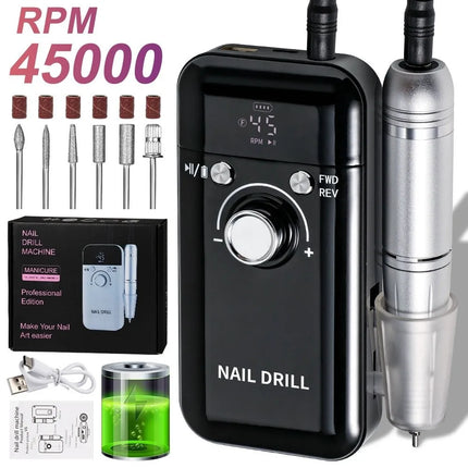 Professional Electric Nail Drill Machine 45000RPM Portable Nail Sander File Rechargeable Low Noise Manicure Salon Tool