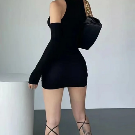 Ruched Bodycon Dress Turtleneck Mini Dresses With Sleeves Autumn Black Skinny Stretchy Party Y2K Clothing