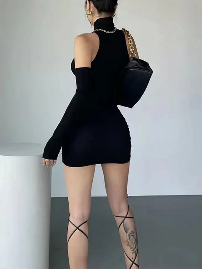 Ruched Bodycon Dress Turtleneck Mini Dresses With Sleeves Autumn Black Skinny Stretchy Party Y2K Clothing